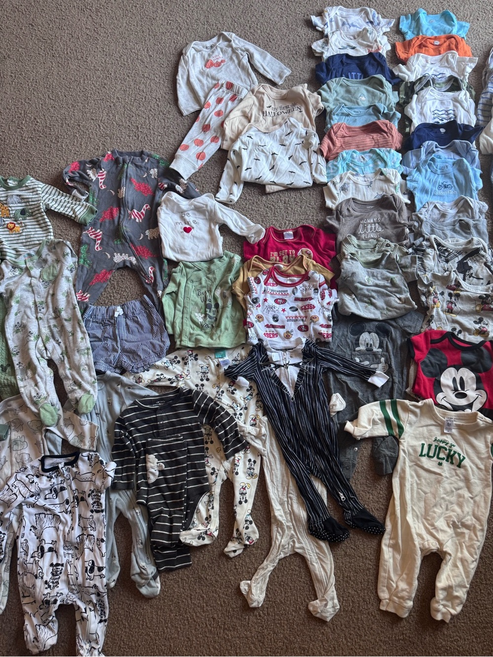 Assorted Baby Onesies and Footed Pajamas - Multi Color Lot
